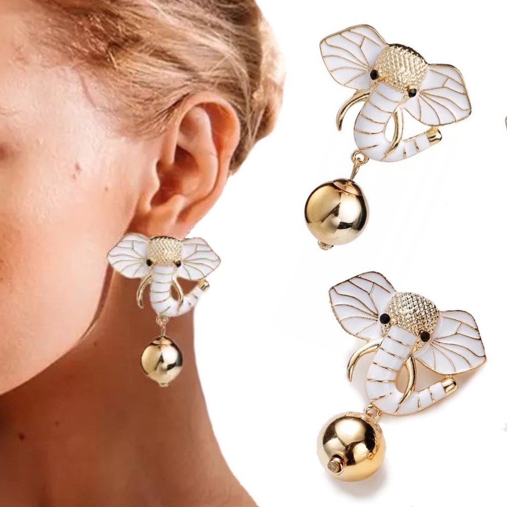 2/$35🖤 Gold White Enamel Elephant Earrings D32